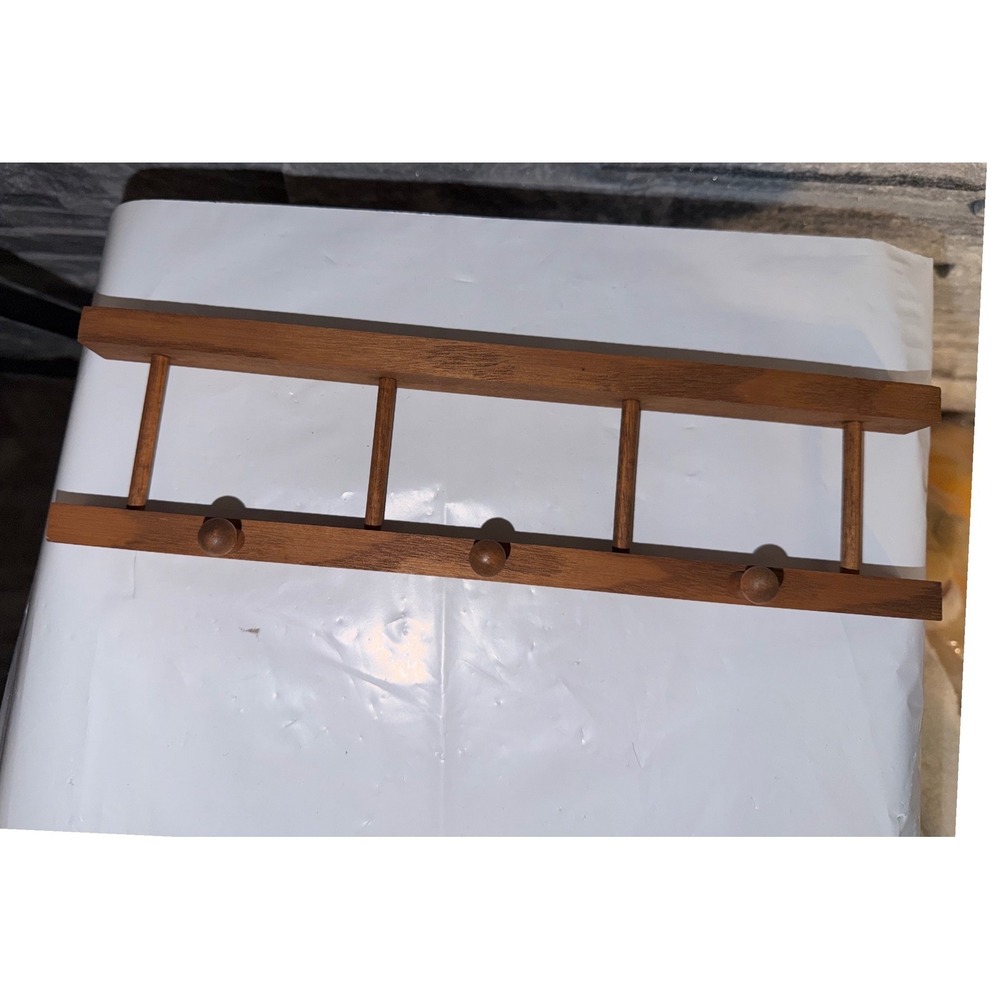 Vintage Mid Century Modern Wooden Wall Rack 3 Peg Hook Entryway Organizer Brown